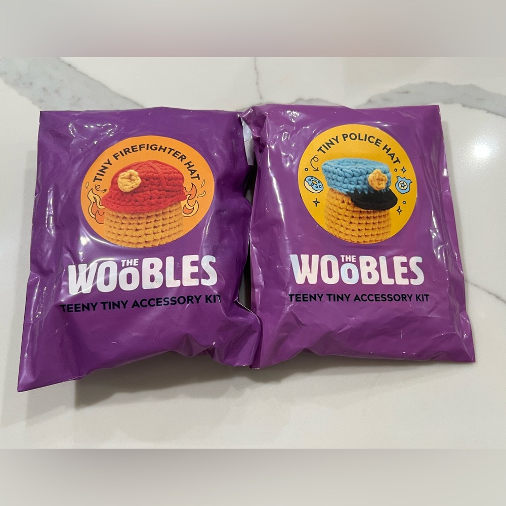 The Woobles Tiny Fire Fighter Hat And Police Hat Crochet Accessories Lot Of 2